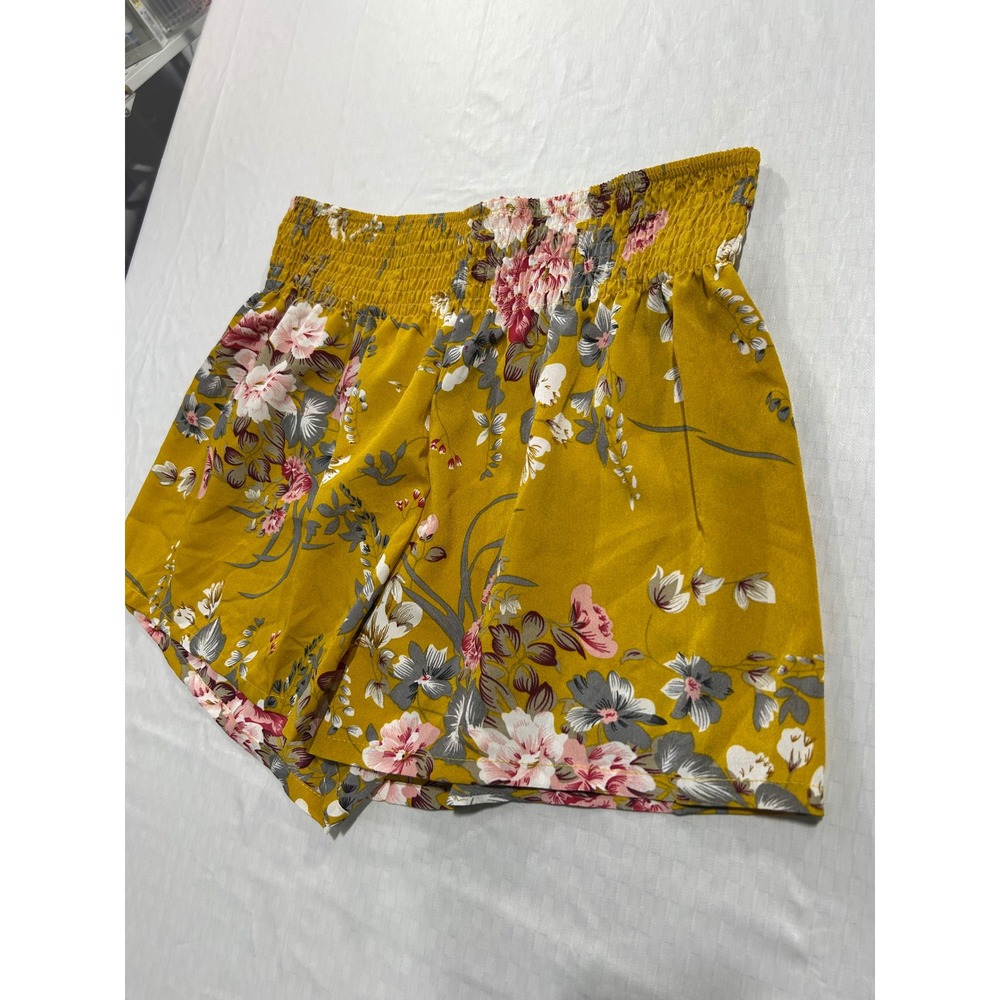 SHEIN Mustard Yellow Floral Smocked Waist Shorts Size XL Boho Summer Casual